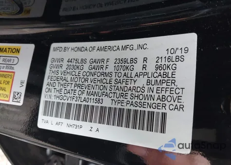 2020 Honda Accord Sport from USA, damaged, VIN 1HGCV1F37LA011583